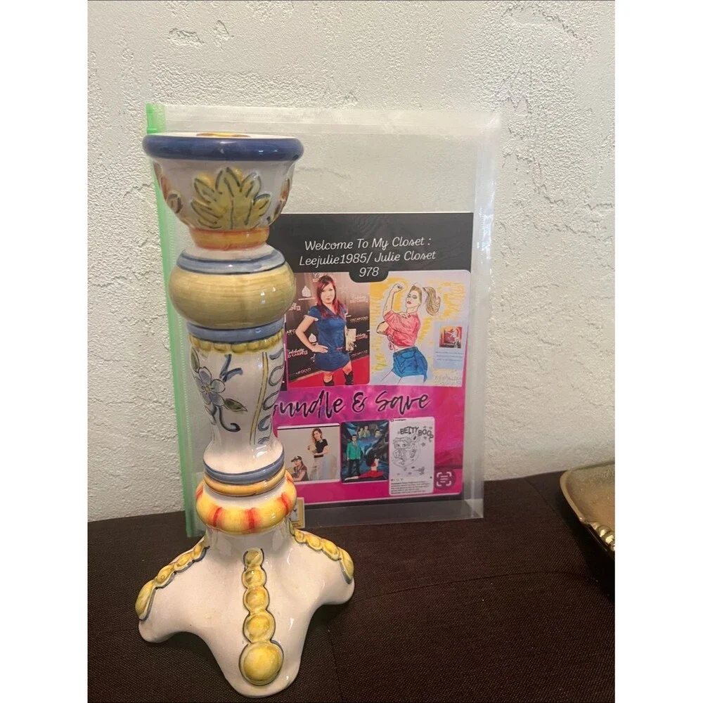 #2130*Hand-Painted Blue and Yellow Ceramic Candlestick - Decorative Home Accent